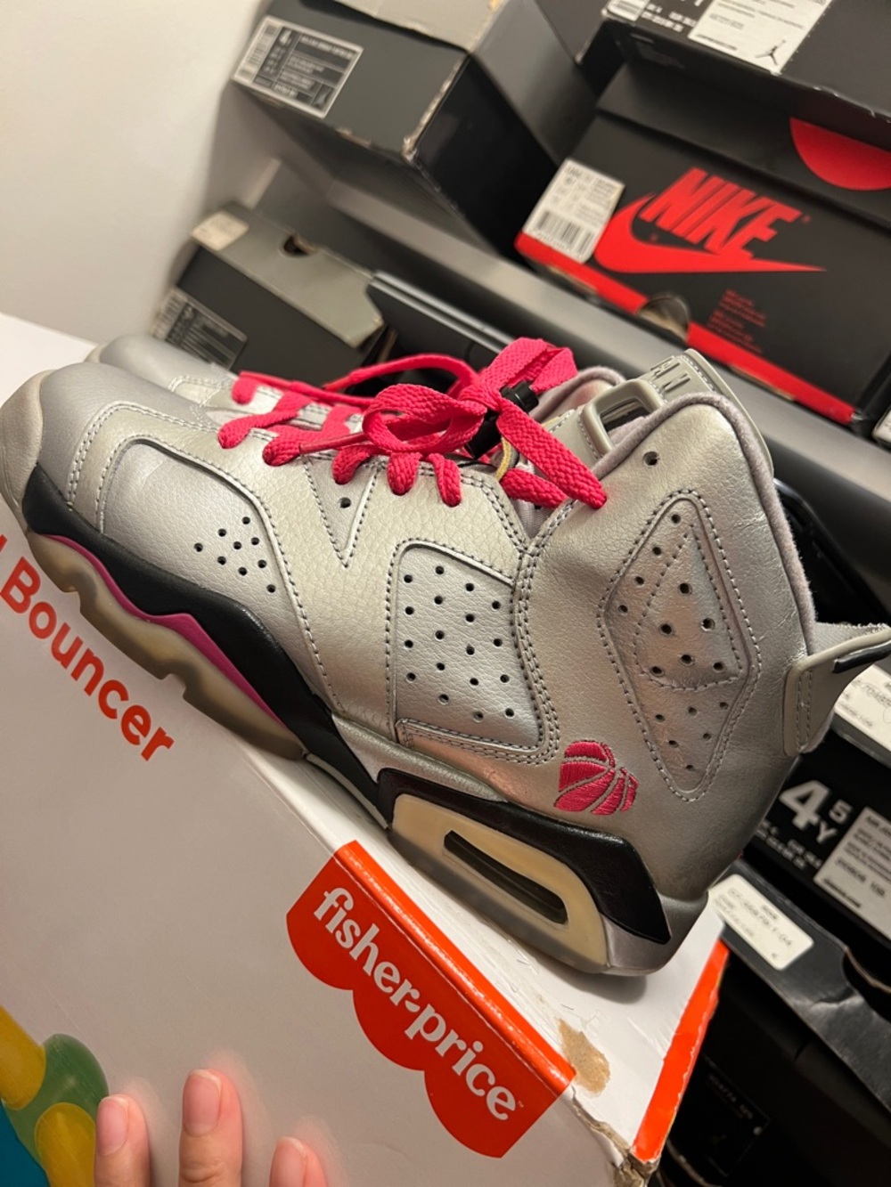 Jordan Kids Silver and Pink High-Top Sneakers